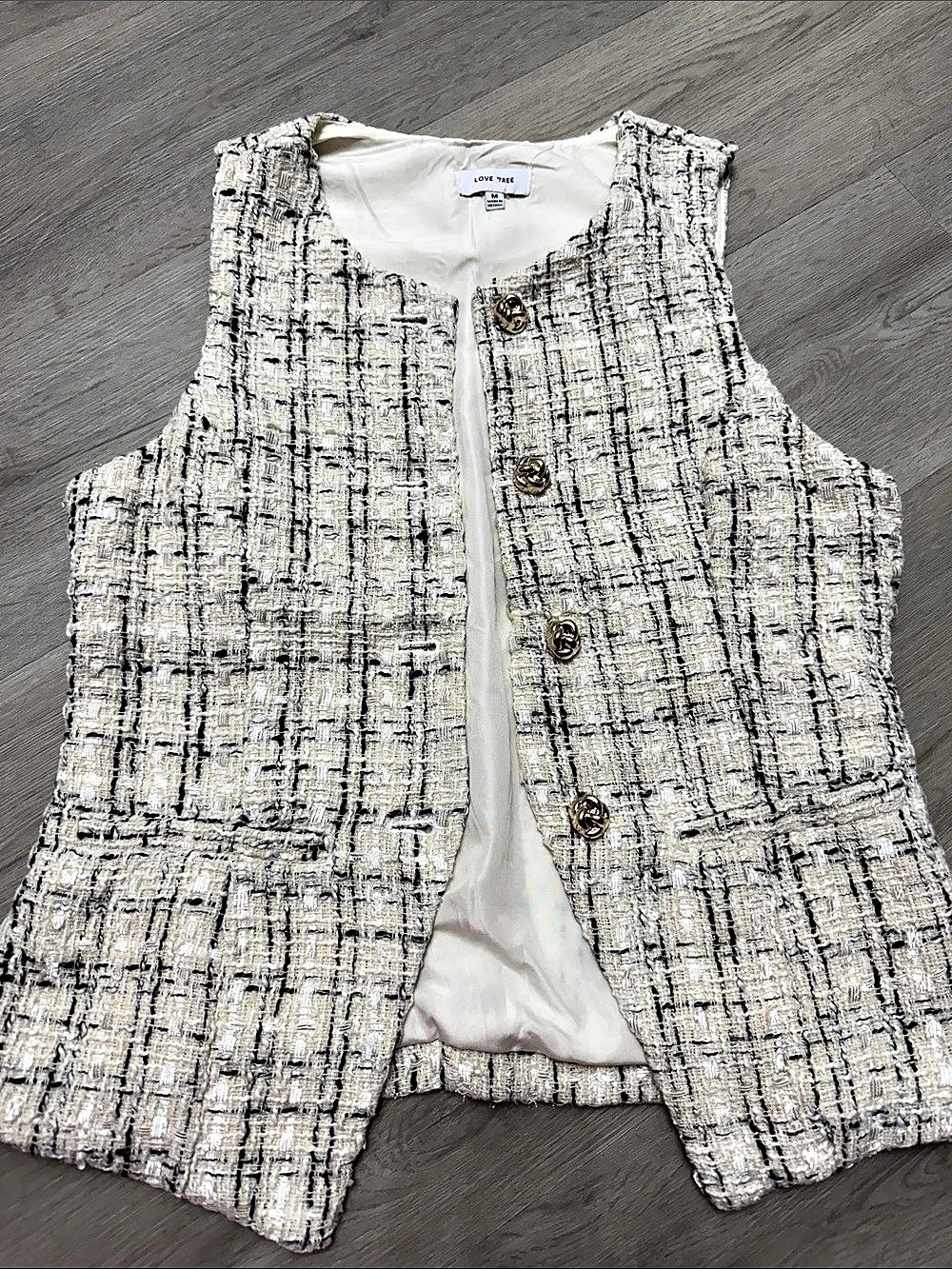 Love Tree Tweed Button Front Vest in White & Black Like New